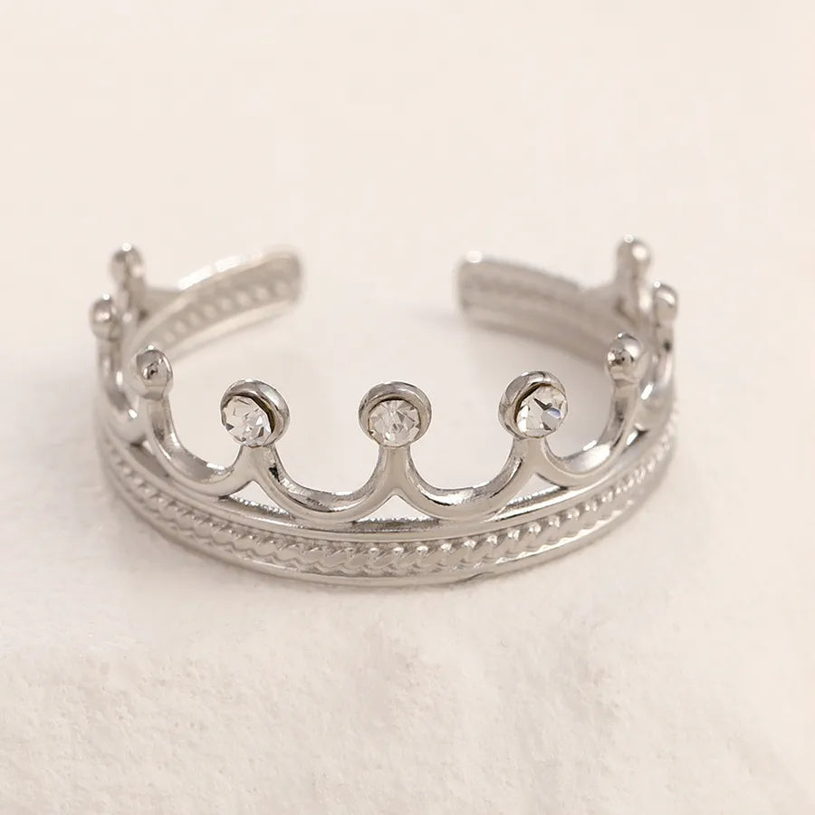 Adjustable Gold Crown Ring in Stainless Steel Adjustable Opening Steel color crown white diamond