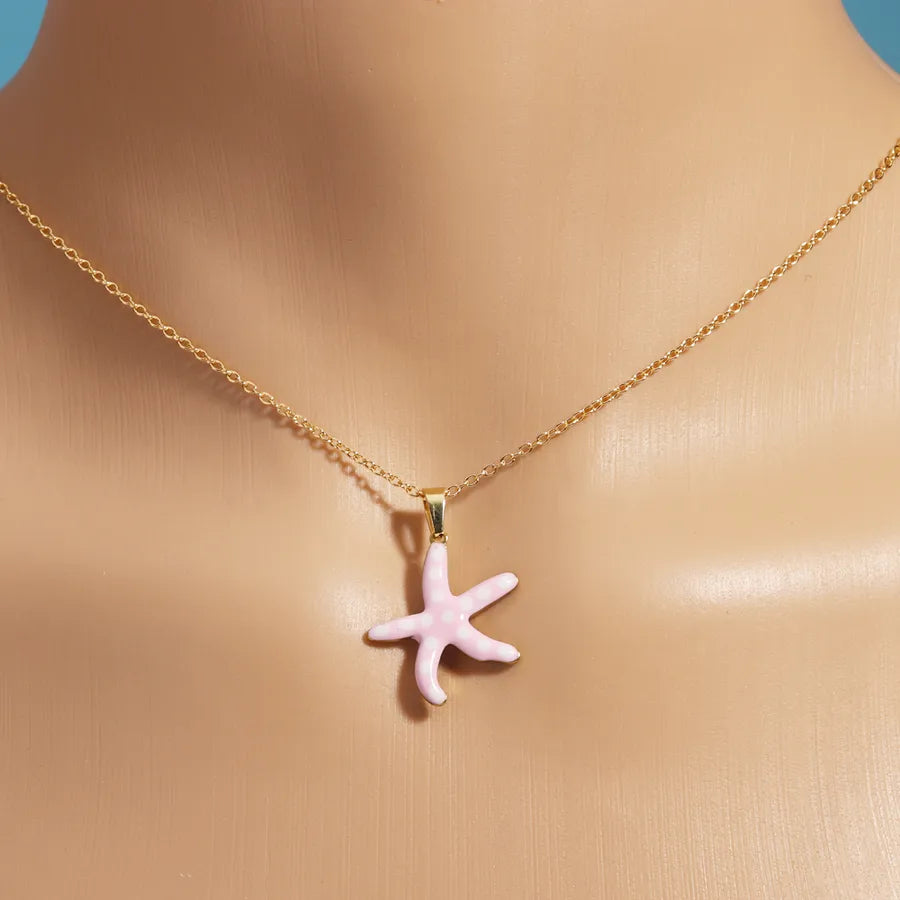 Gold Enamel Starfish Pendant Necklace Starfish Pink