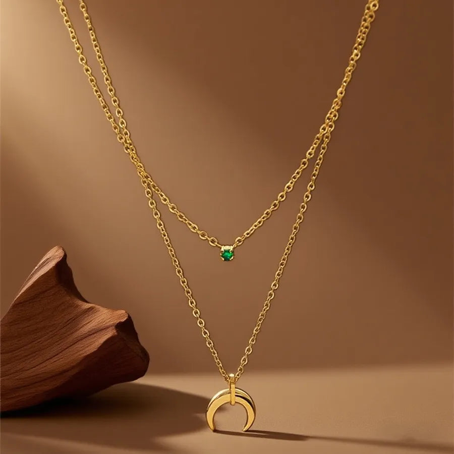 Double Layer Titanium Steel Heart Necklace X0379-Double Moon-Necklace- Gold