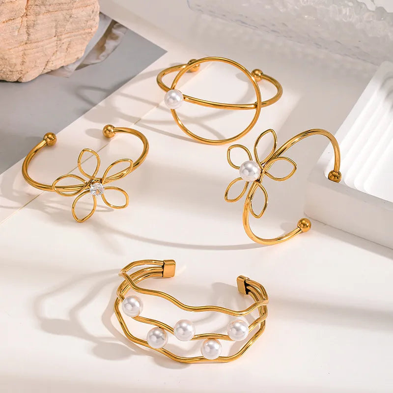 18K Gold Titanium Steel Pearl Bangle