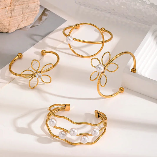 18K Gold Titanium Steel Pearl Bangle