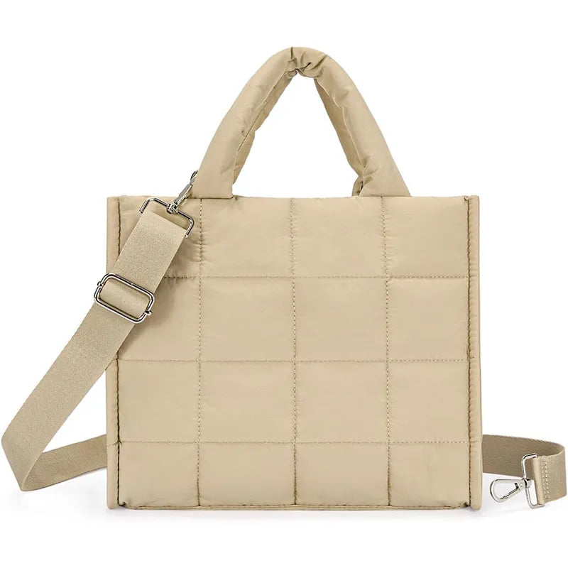 Soft Quilted Nylon Crossbody Tote Bag Khaki