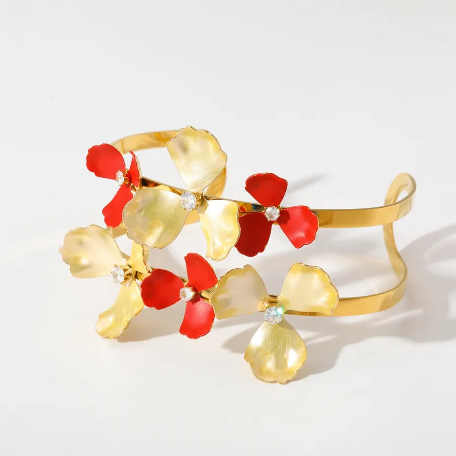 18K Gold Plated Flower Zircon Stainless Steel Bracelet 2-Adjustable-Red