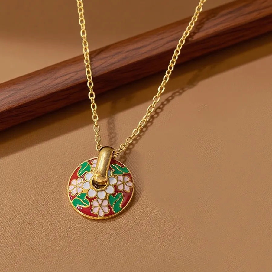 Elegant Titanium Steel Pendant Necklace X01174-Pink Flower Red Bottom-Necklace- Gold