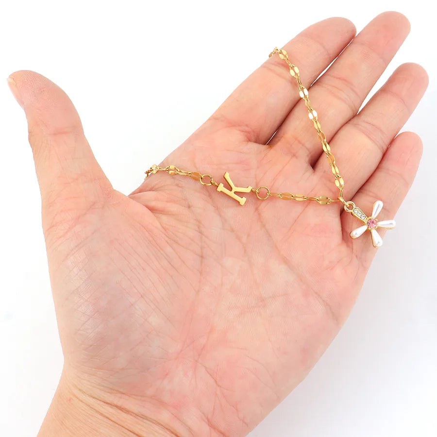 Gold Initial Flower Pendant Necklace for Women