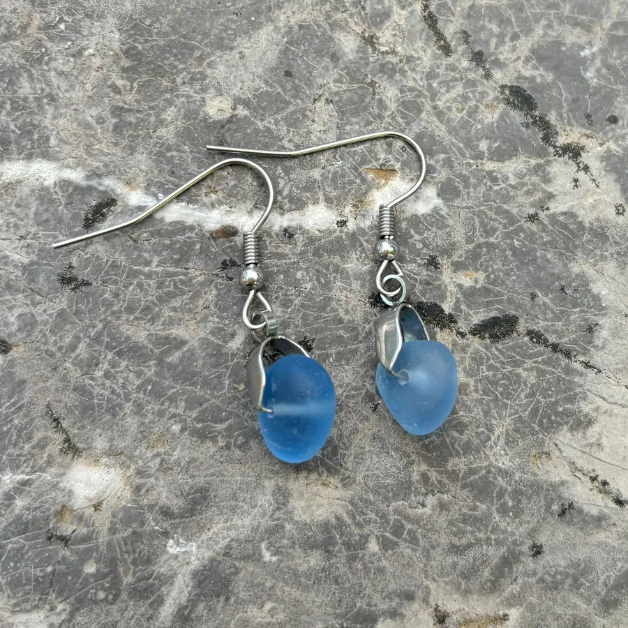 Sea Glass Dangle Earrings with Stainless Steel Hooks Steel Color Ear Hook-Light Ancient Lanhai Glass