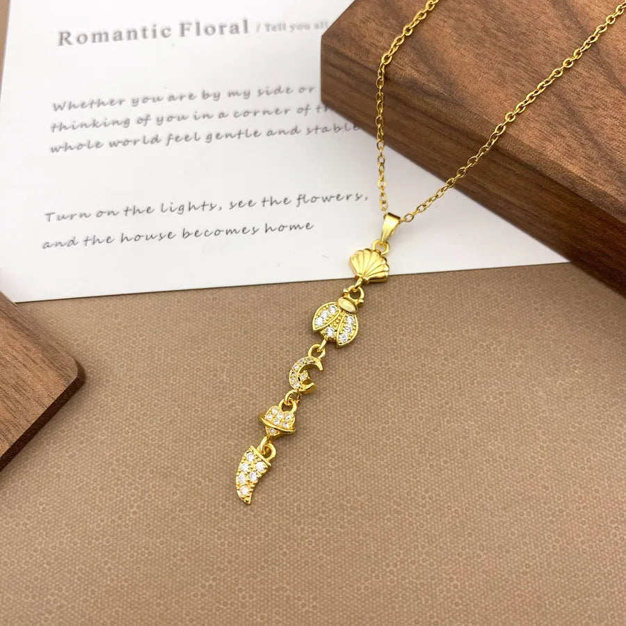 Gold Plated Sun Moon Star Pendant Necklace XL5074 Shell Moon Tassel Necklace Gold