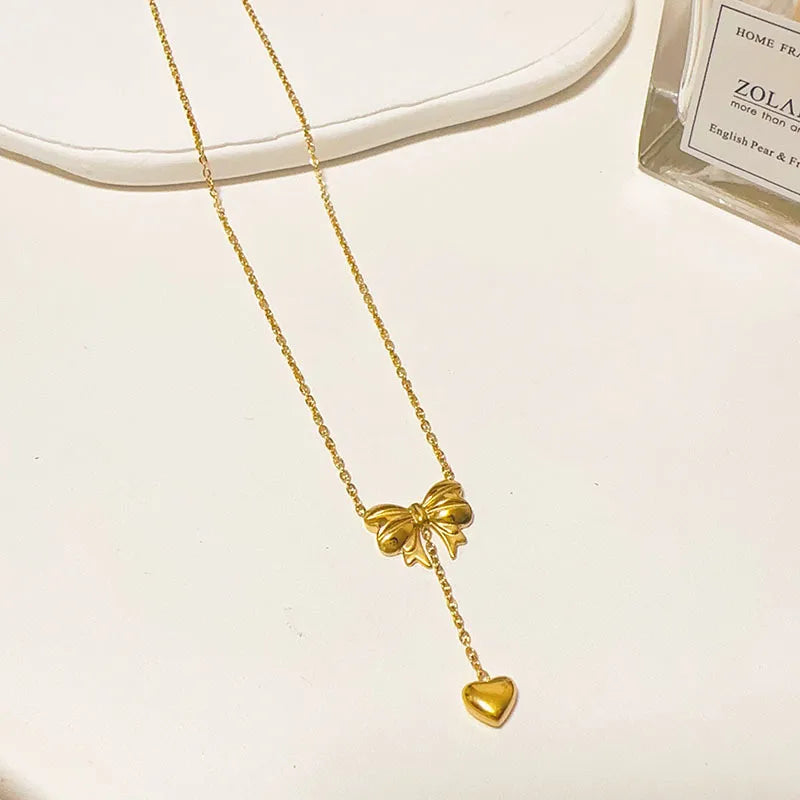 Bohemian Floral Titanium Steel Necklace XL61 Gold Bow Tassel Heart