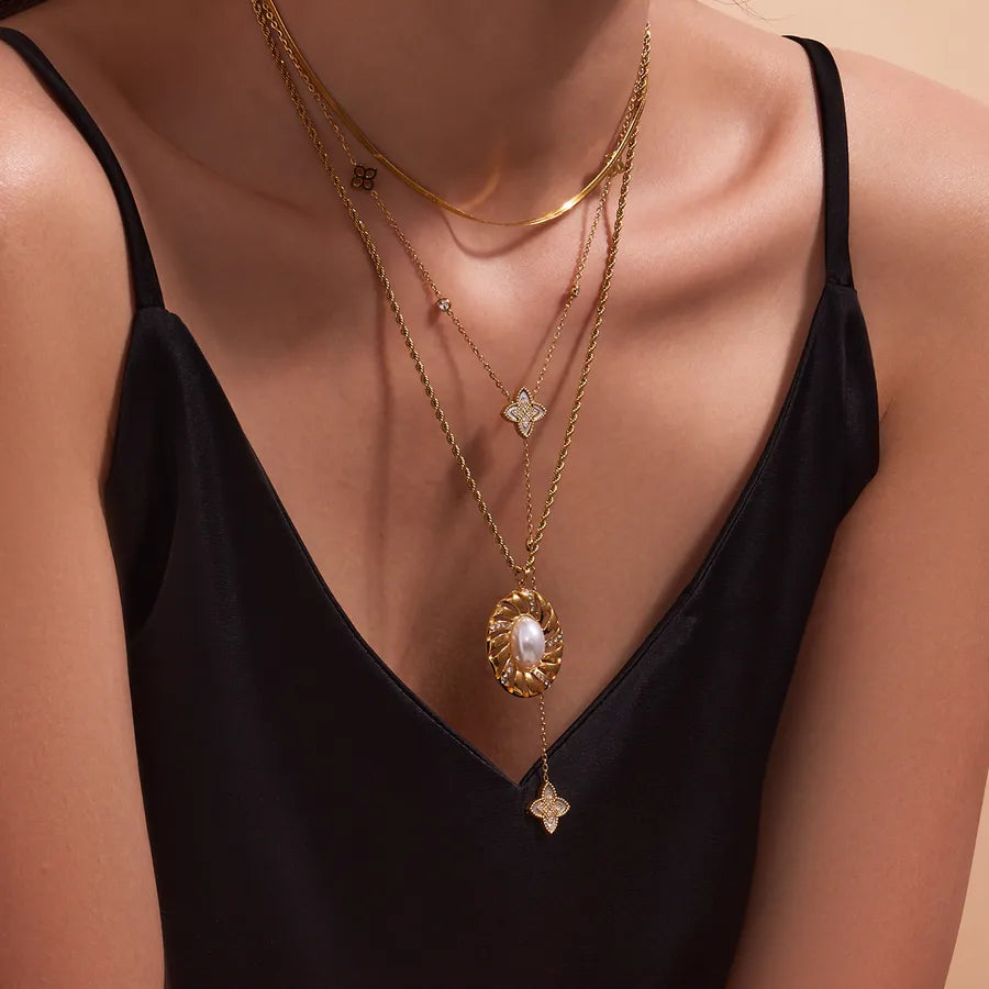 Gold Y Necklace with Zircon & Pearl Accents