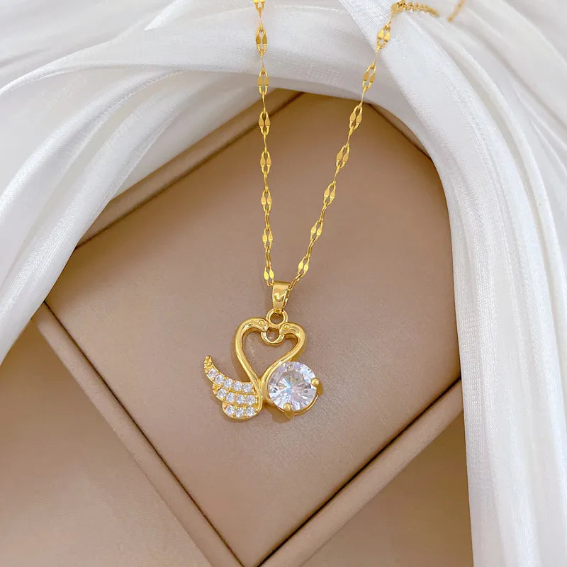 Gold Swan Heart Pendant Necklace for Women