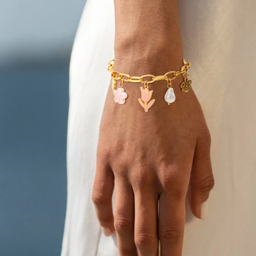 18K Gold Plated Pink Tulip Pearl Bracelet