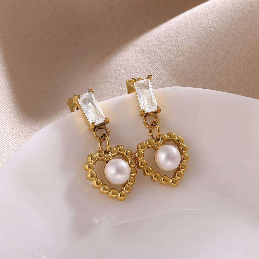 Heart-Shaped Pearl & Zircon Stud Earrings