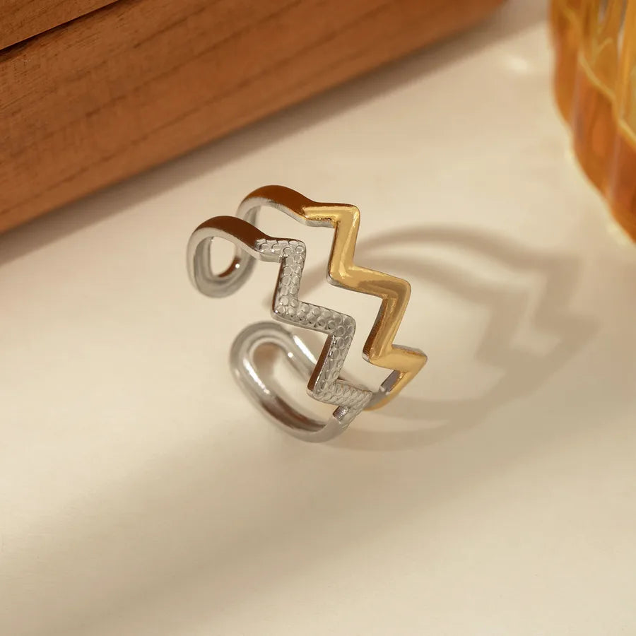 14K Gold Bow Knot Shell Open Ring Adjustable Opening Gold and Silver Two-tone Double-layer Striped Adjustable Open Ring