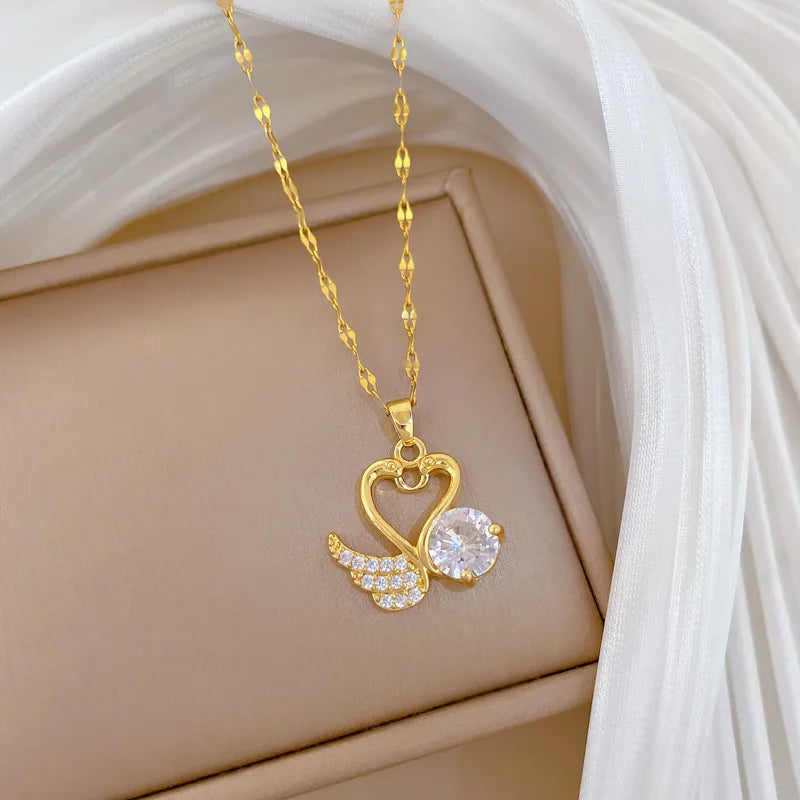 Gold Swan Heart Pendant Necklace for Women