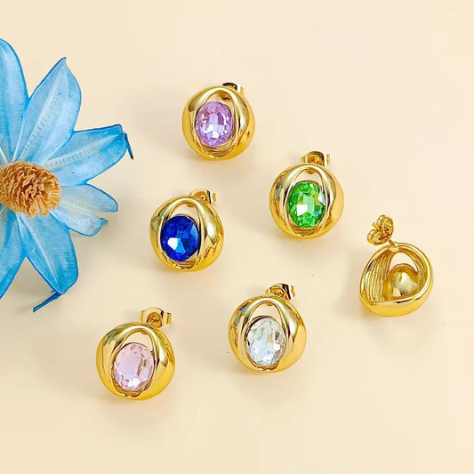 Colorful Rhinestone O-Shaped Stainless Steel Earrings