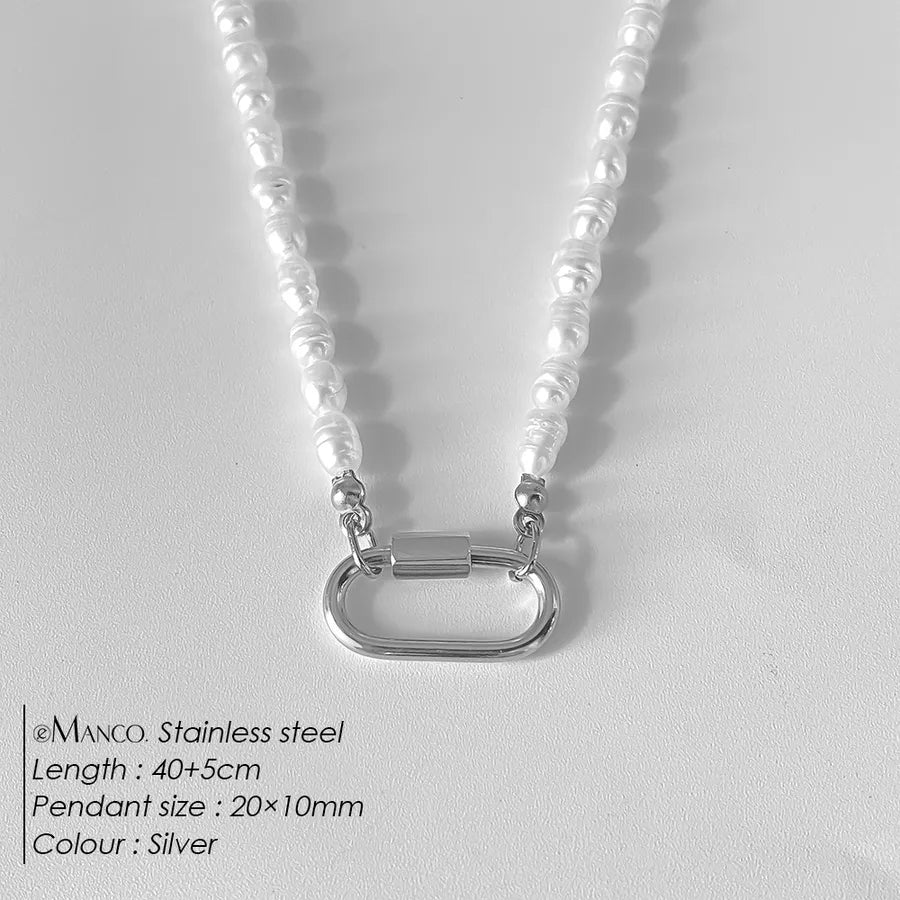 Geometric Pearl Stainless Steel Pendant Necklace XNL0050 Steel Color