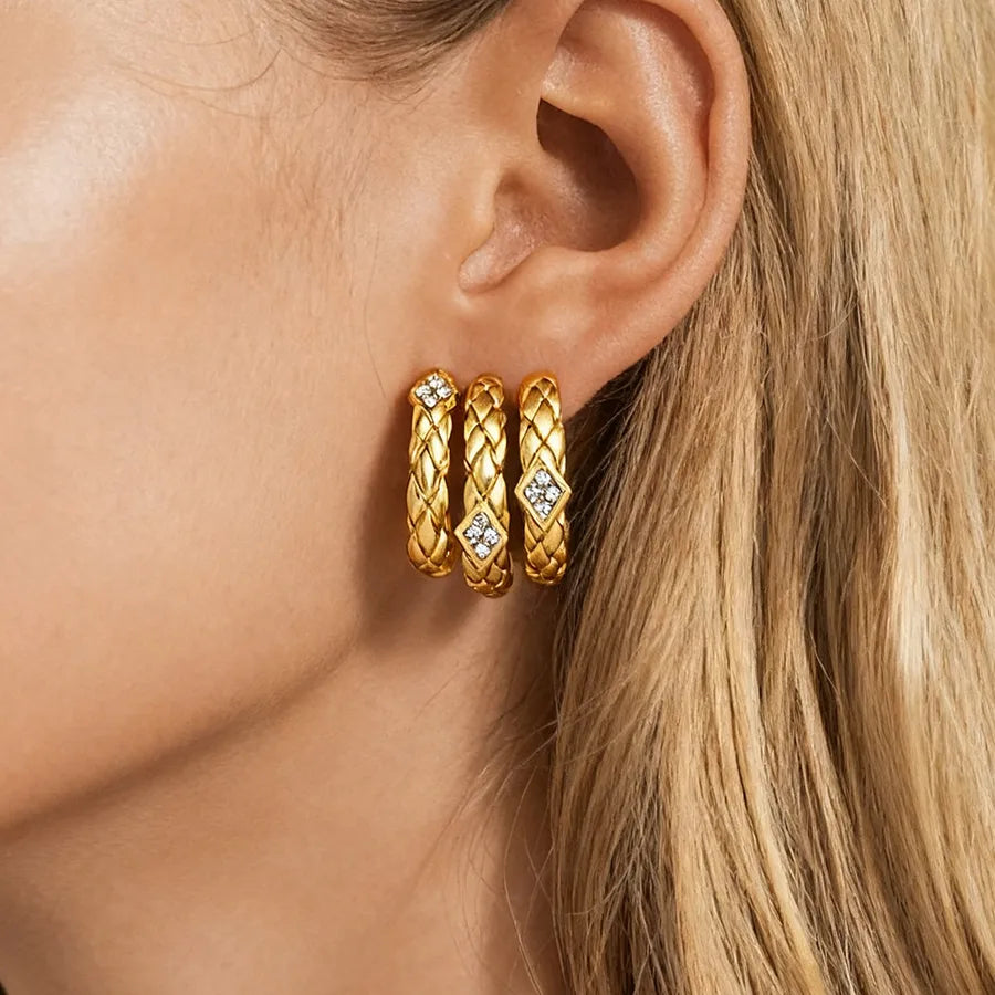 18K Gold Plated Triple Hoop Rhinestone Earrings