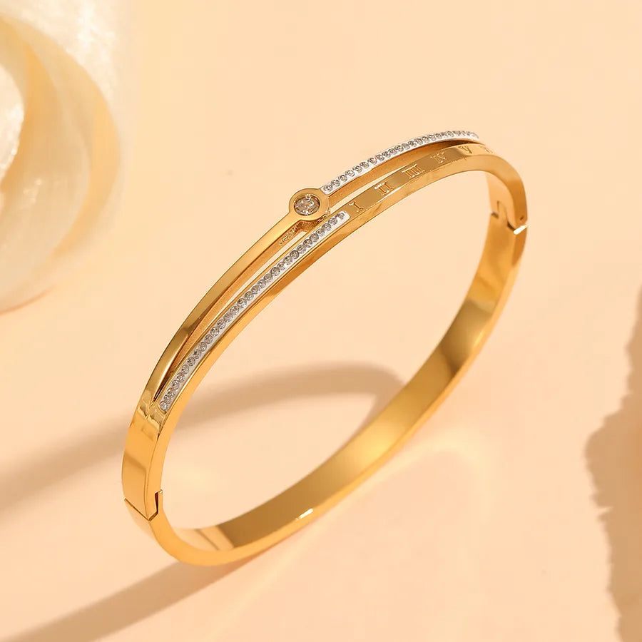 18K Gold PVD Letter & Flower Stainless Steel Bangle Bracelet#2