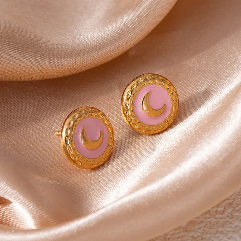 Moon Drop Titanium Stud Earrings Moon Round Earrings-Pink 1556