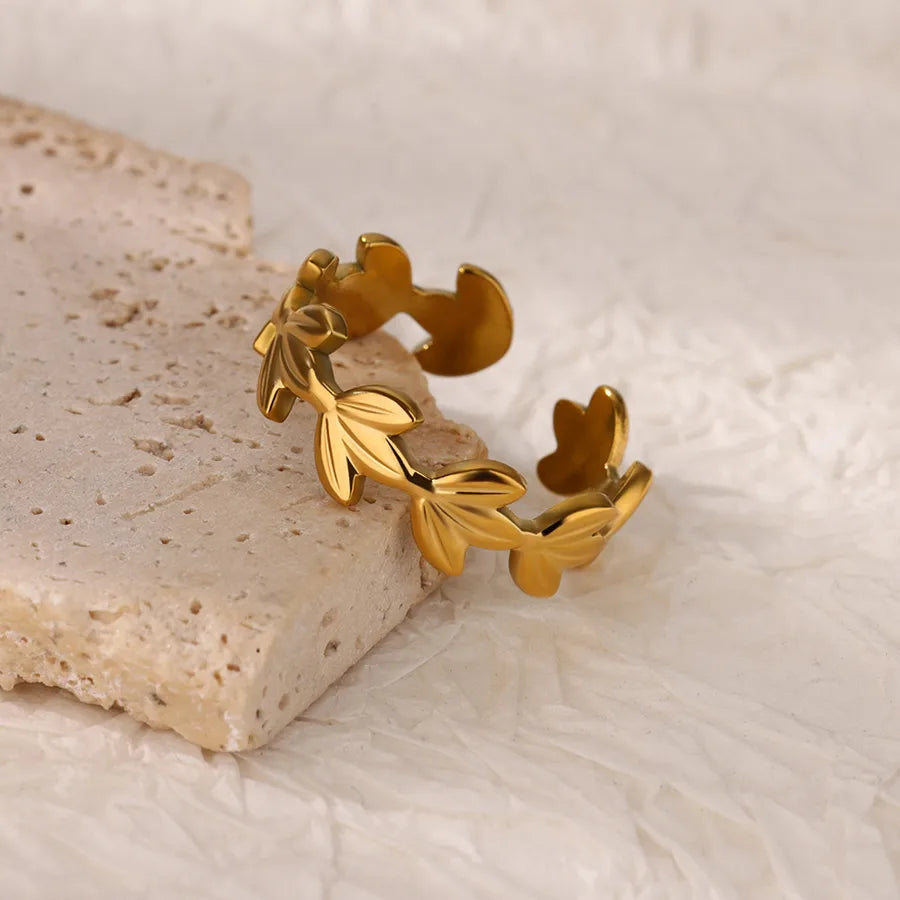 18K Gold Leaf & Flower Open Ring