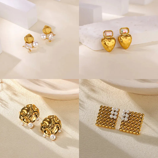 Gold Plated Geometric Pearl Stud Earrings