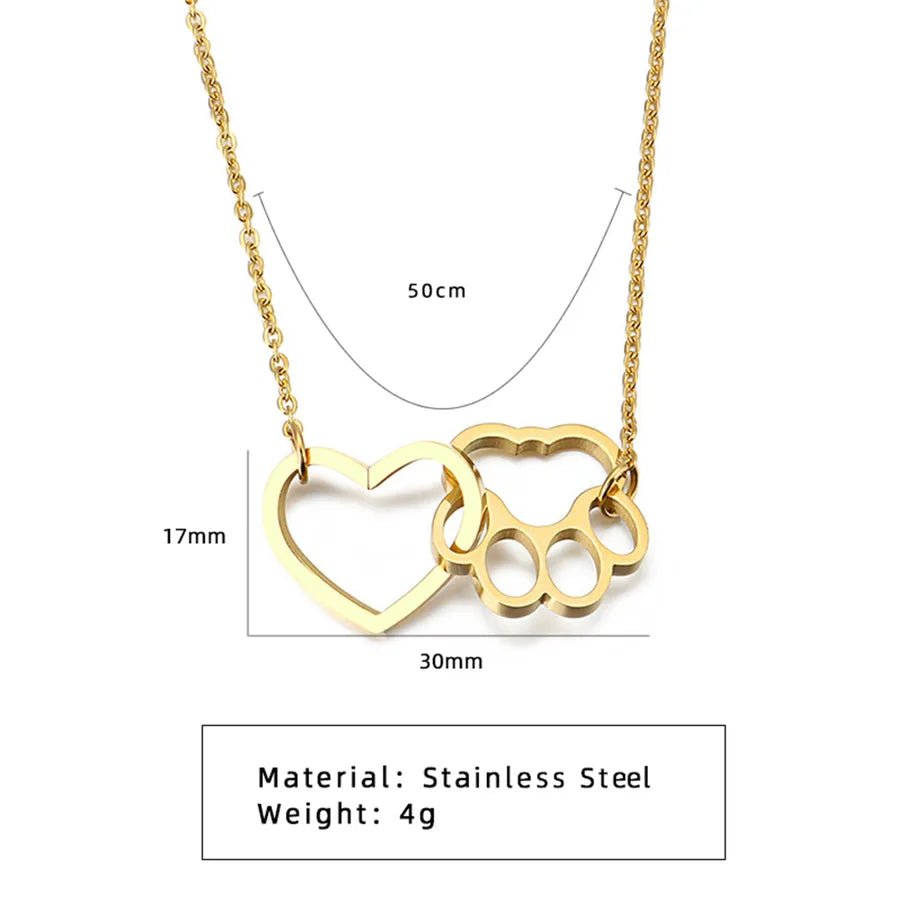 Heart & Cat Paw Gold Stainless Steel Necklace