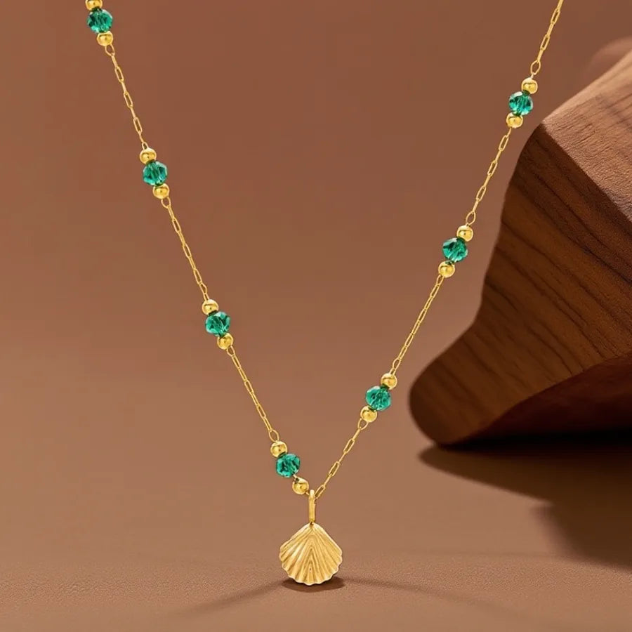 Elegant Titanium Steel Pendant Necklace X06146-Green Pearl Shell-Necklace- Gold