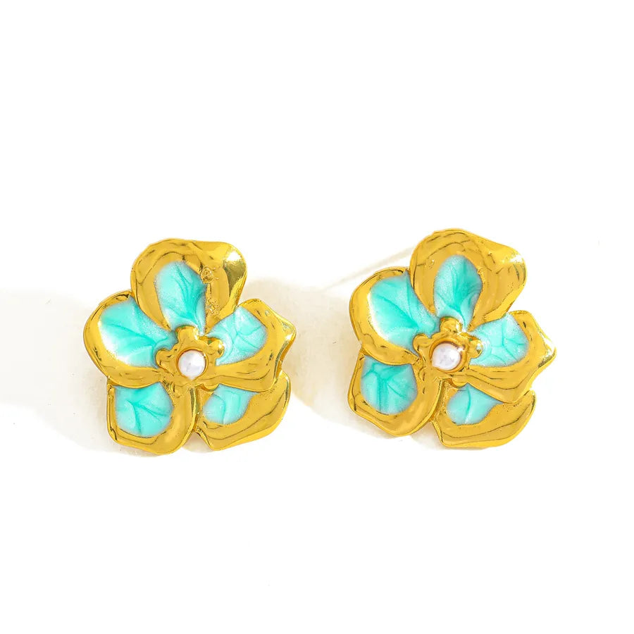 18K Gold Plated Pearl Flower Stud Earrings 20.35mm*17.32mm-cyan