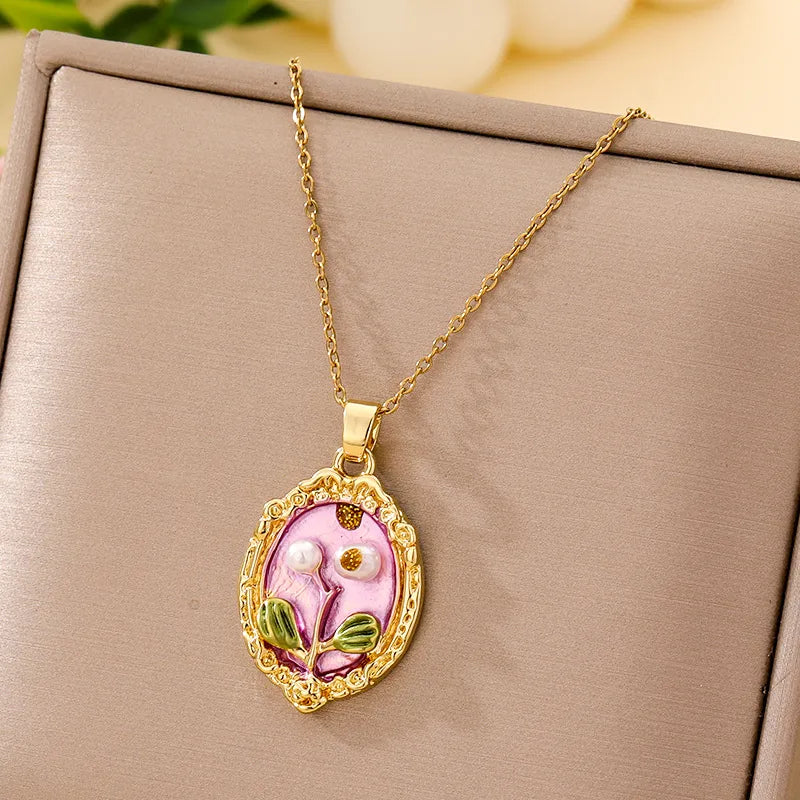 Boho Floral Pendant Necklace – Titanium Steel B016