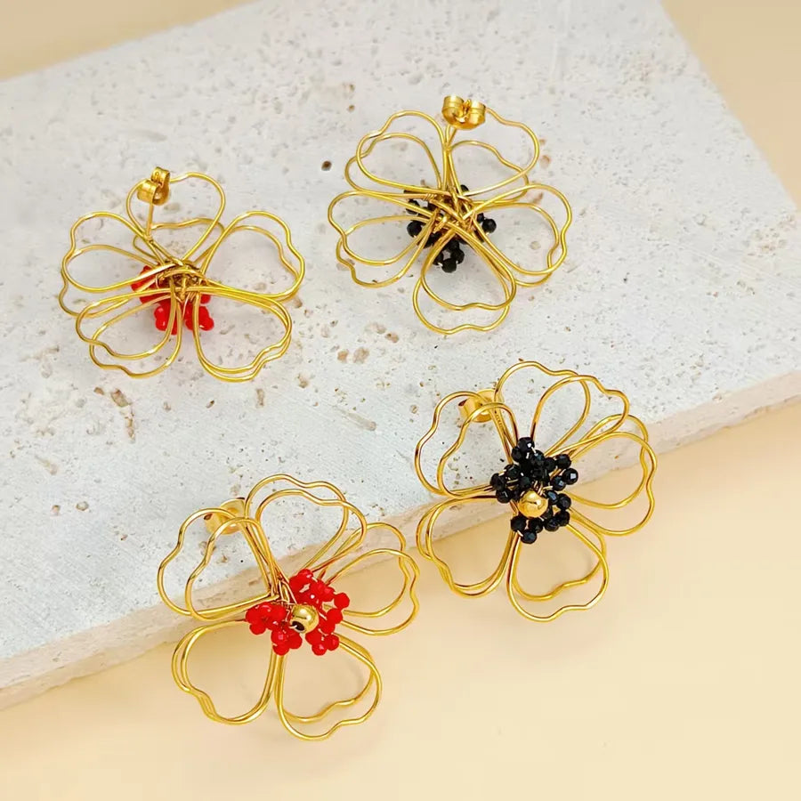 Gold Flower Pearl Drop Earrings