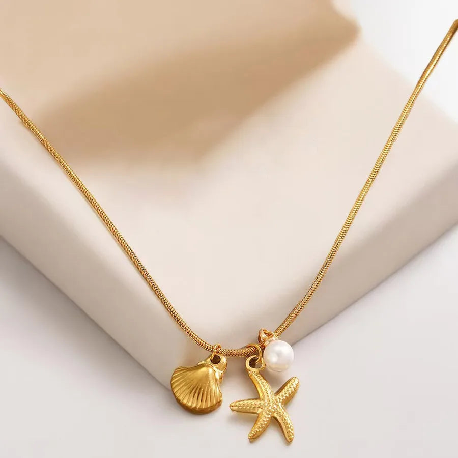 Elegant Titanium Steel Pendant Necklace X0344-Pearl Starfish Shell Necklace- Gold
