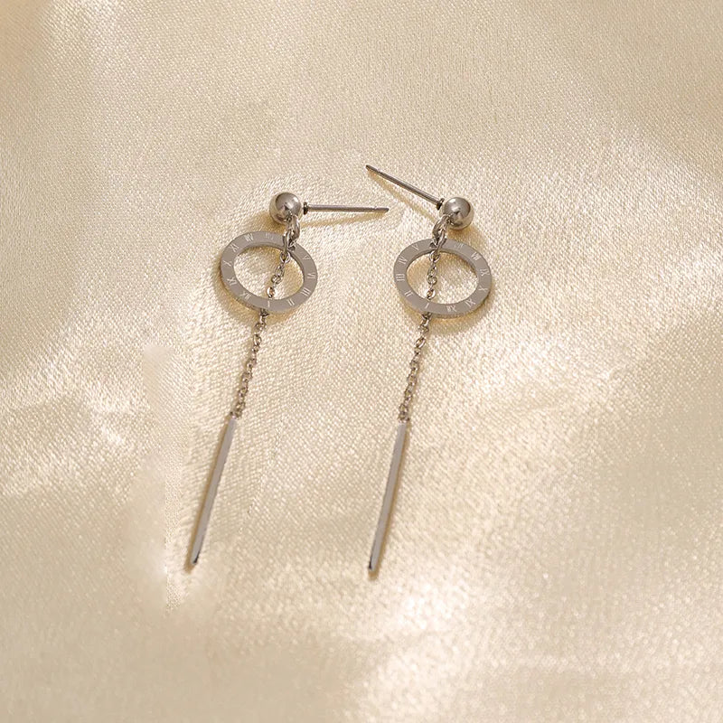 Stainless Steel Roman Numeral Tassel Stud Earrings
