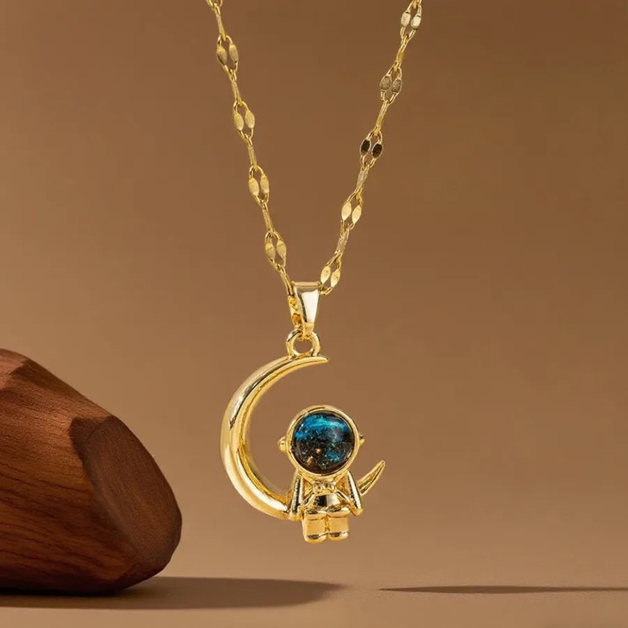 Geometric Titanium Steel Necklace for Women X08147 [Copper Pendant] Moon Astronaut - Necklace - Gold