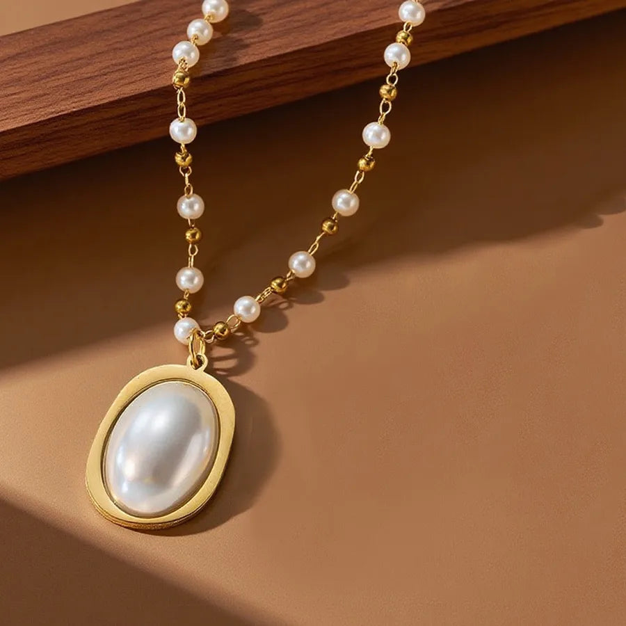 Elegant Titanium Steel Pendant Necklace X01192-Oval Pearl-Necklace- Gold