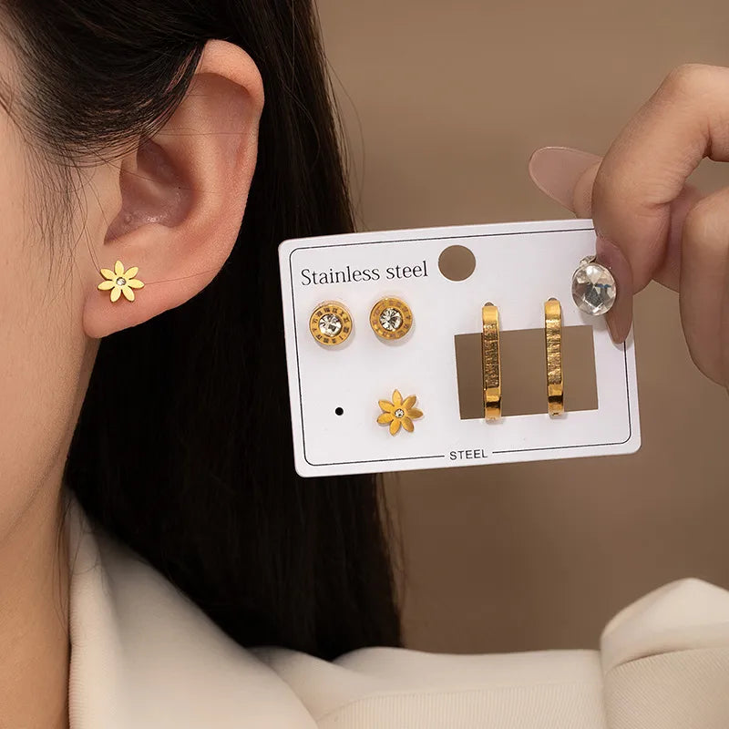Geometric Floral Stainless Steel Earrings Set