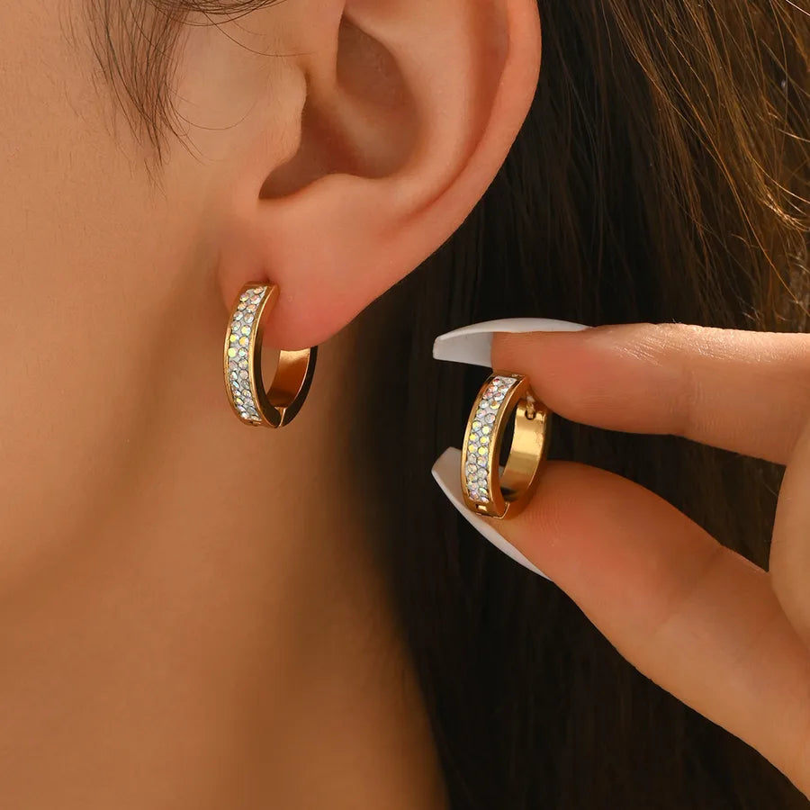 Gold Plated Rhinestone Double Row Hoop Earrings