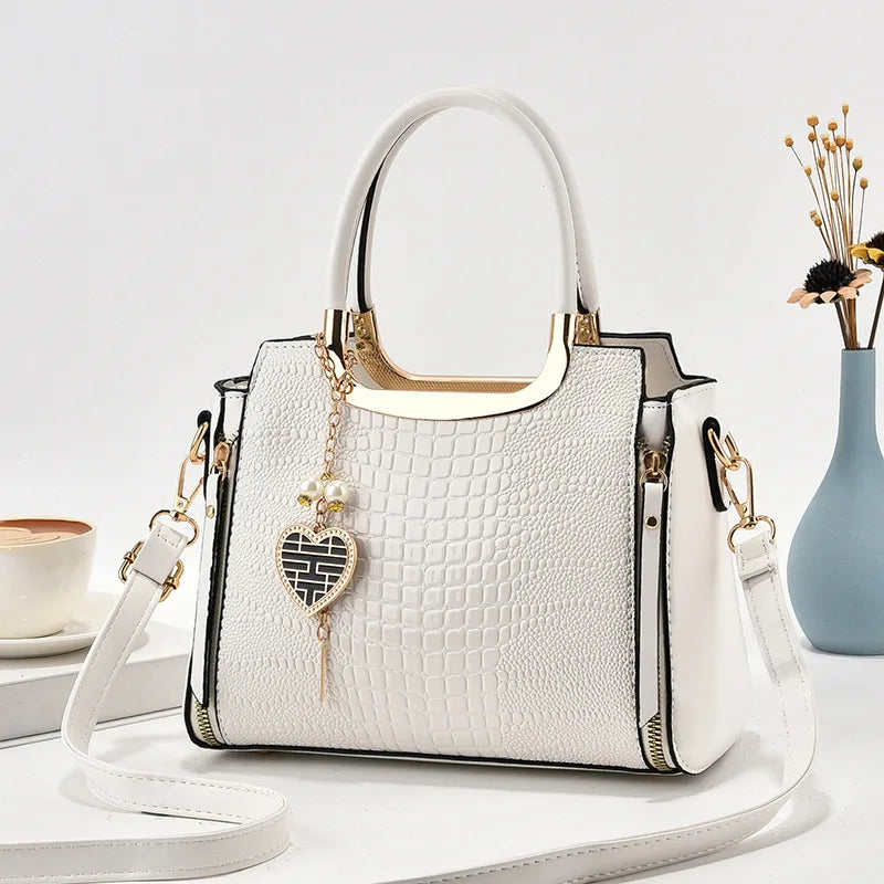 Stylish Croc-Pattern PU Shoulder Bag White