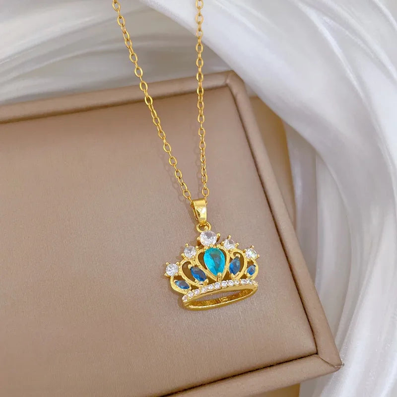 Gold Butterfly & Fish Choker Necklace G104 Blue Titanium Steel Chain Copper Pendant