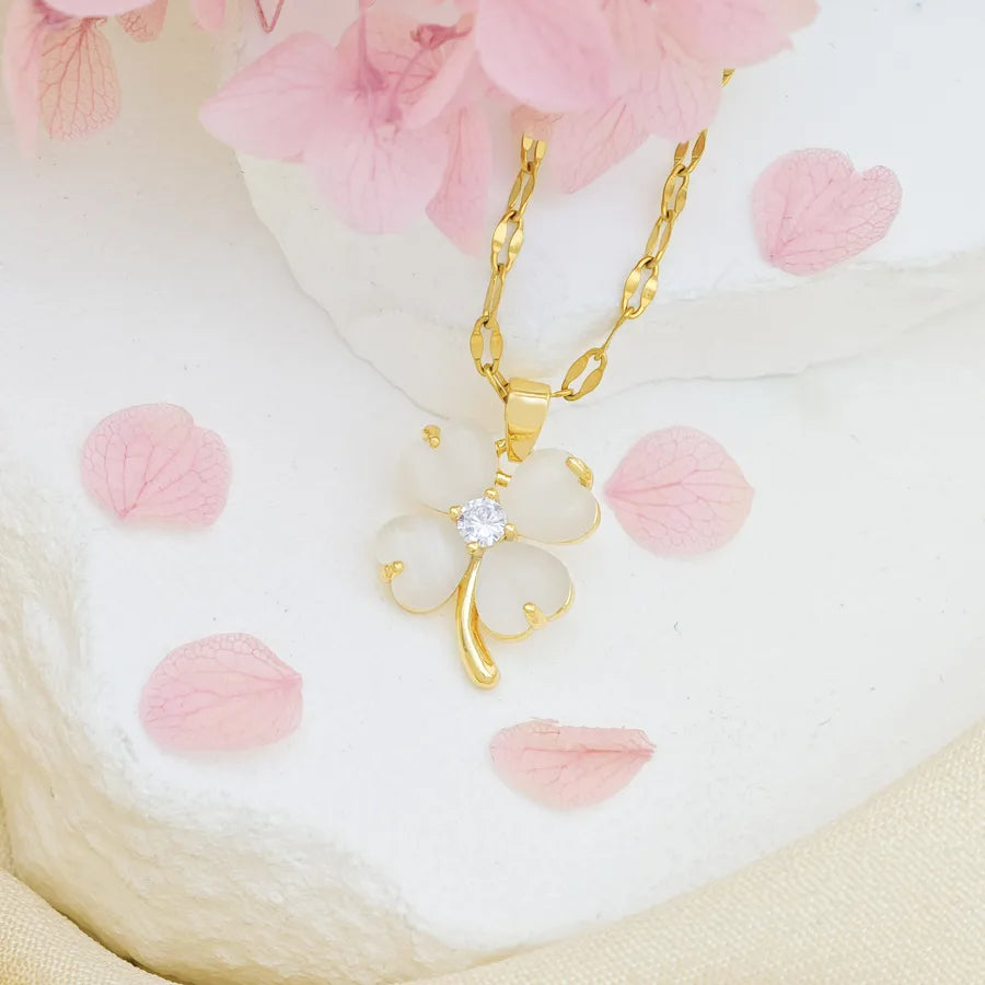 Titanium Steel Heart Clover Necklace XL293 White Cat Eye Four-Leaf Clover Necklace Gold Lip Chain