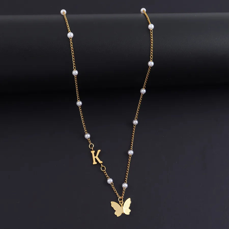 Gold Butterfly Letter Pendant Necklace