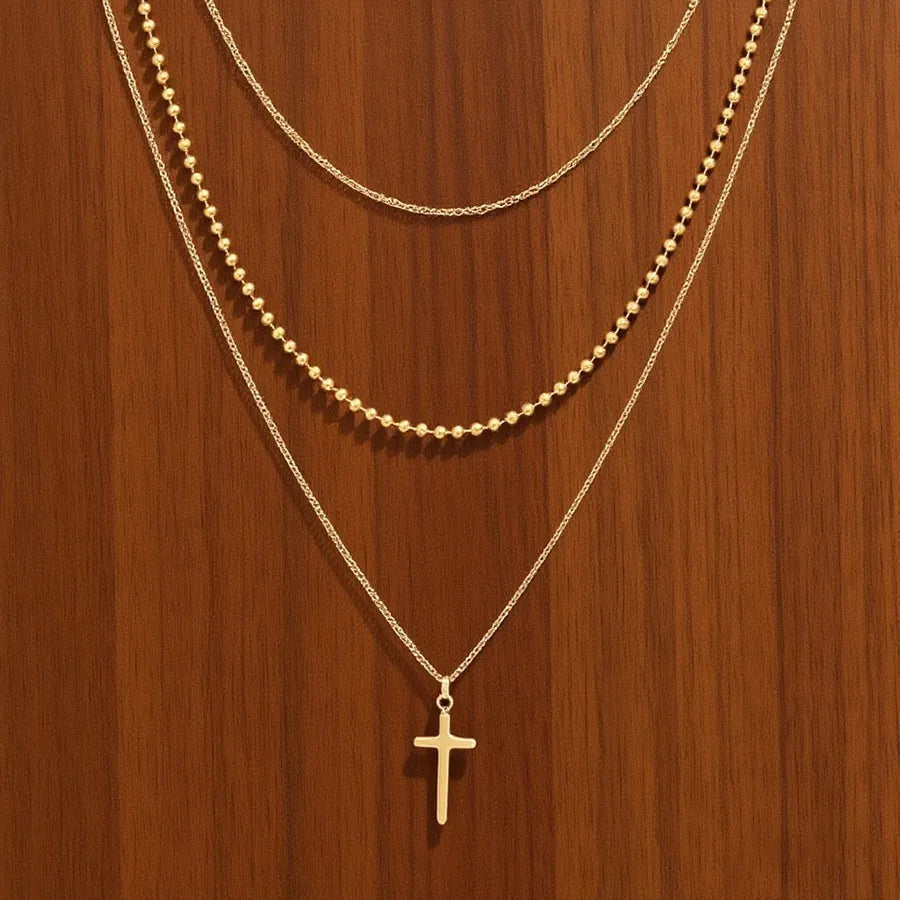 Elegant Titanium Steel Pendant Necklace X0177-Three-layer Cross Necklace- Gold