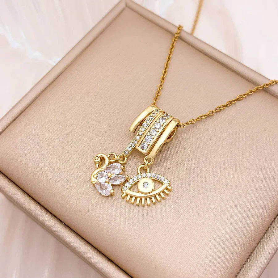 Gold Plated Heart & Eye Zircon Pendant Necklace XL3330 Swan Eye Combination Necklace Gold