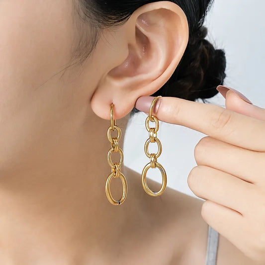 14K Gold Plated Stainless Steel Oval Tassel Earrings