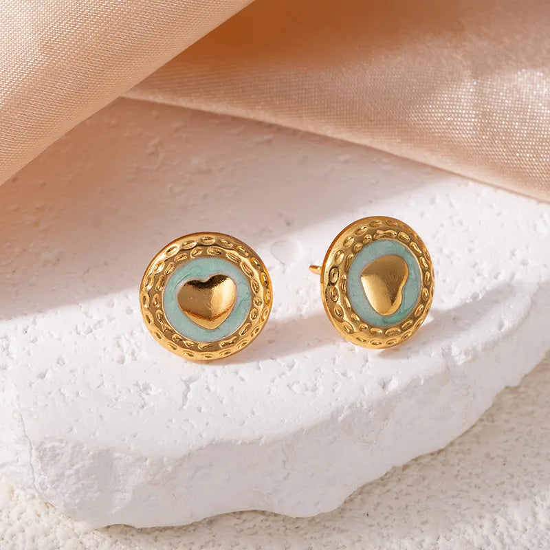 Moon Drop Titanium Stud Earrings Love Round Earrings-Blue 1561