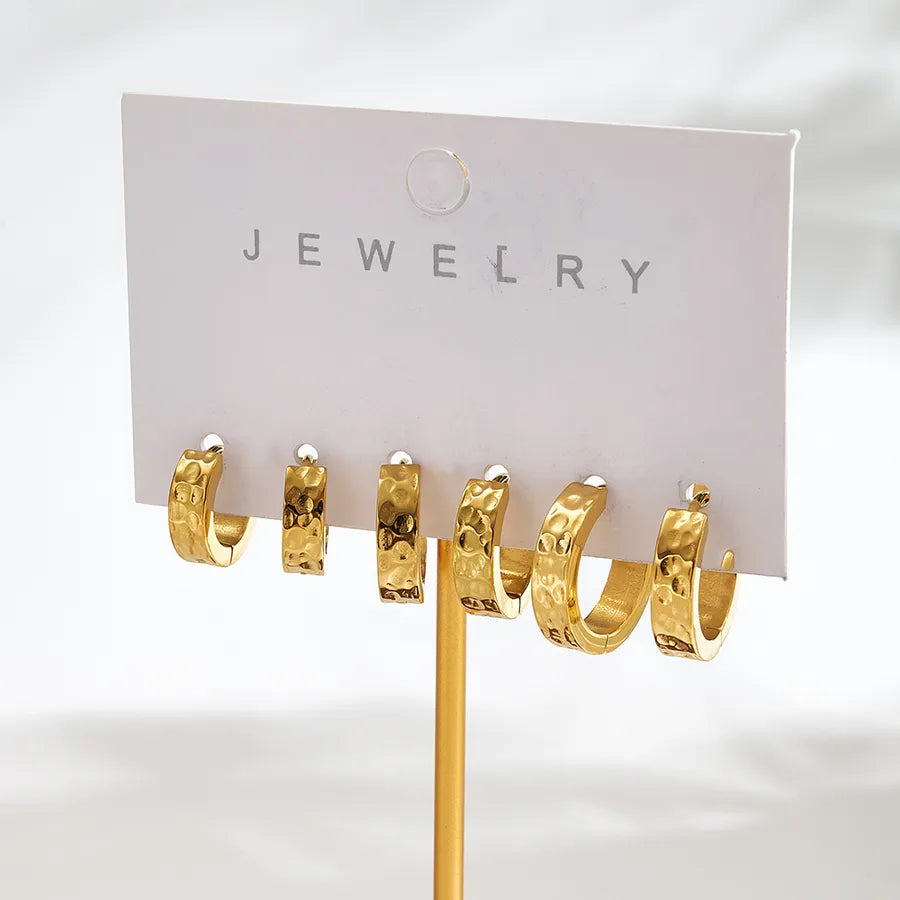 18K Gold Hammered Stainless Steel Hoop Earrings Needle Thickness: Approximately 0.95mm B 1 Set Package