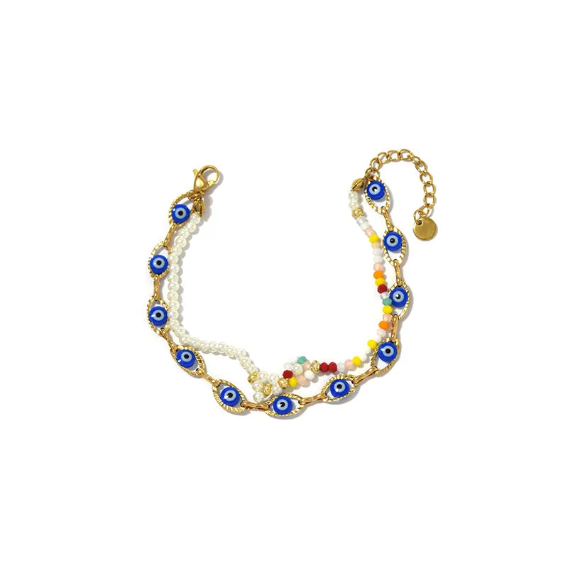 18K Gold Boho Eye & Flower Stainless Steel Bracelet BH0161-02-Lnkblue