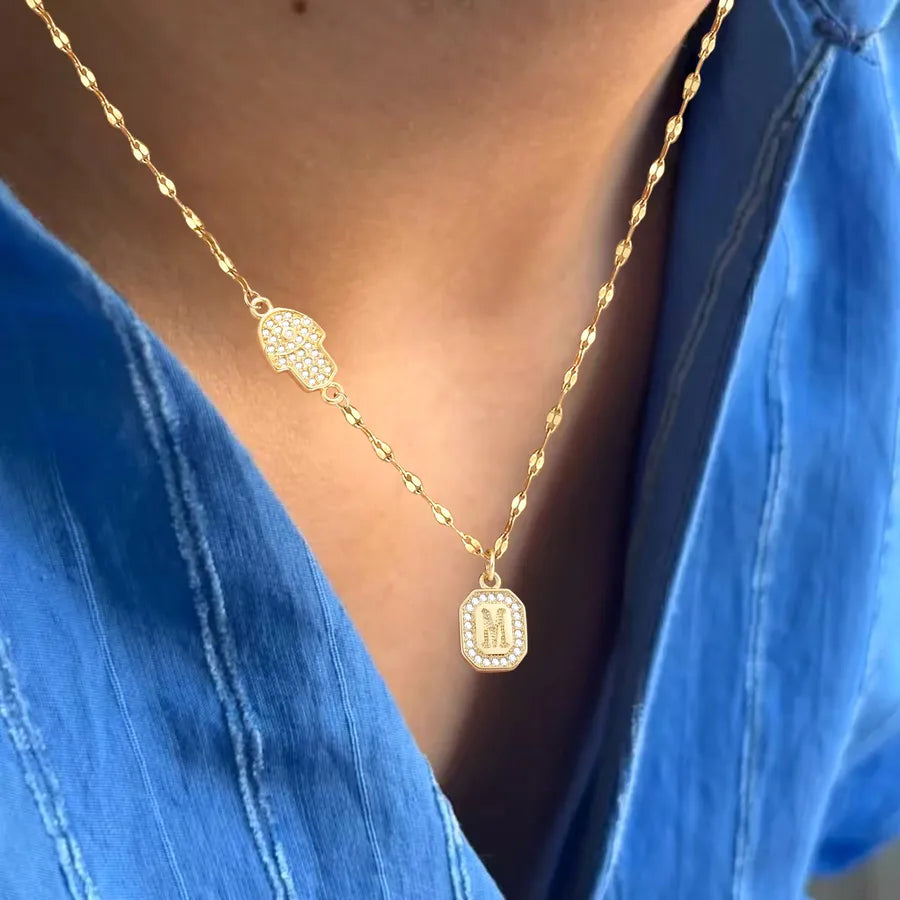Gold Palm & Letter Pendant Necklace – Retro Style