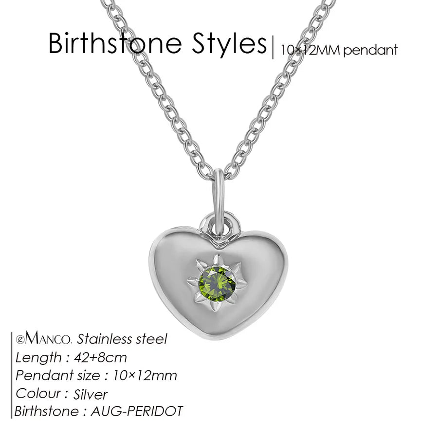 14K Gold Heart Birthstone Necklace for Women August Olive Green Steel Color