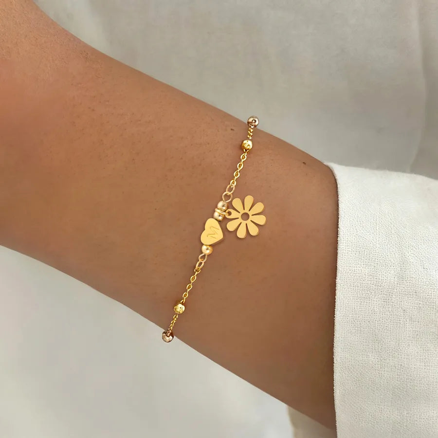 Gold Daisy Heart Stainless Steel Bracelet