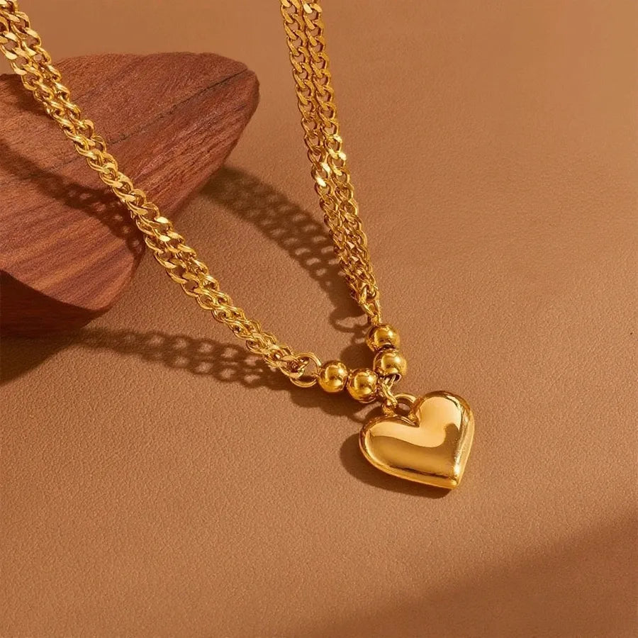 Titanium Steel Heart Pendant Necklace X01123-Double Layer Beaded Heart Necklace- Gold